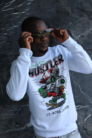 MEN WHITE HUSTLER WOLF RHINESTONE CREW