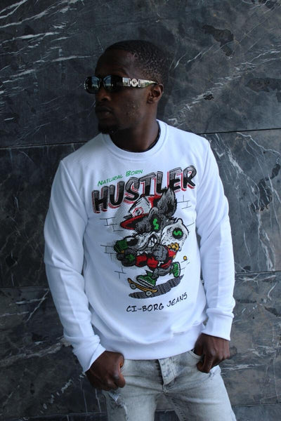 MEN WHITE HUSTLER WOLF RHINESTONE CREW