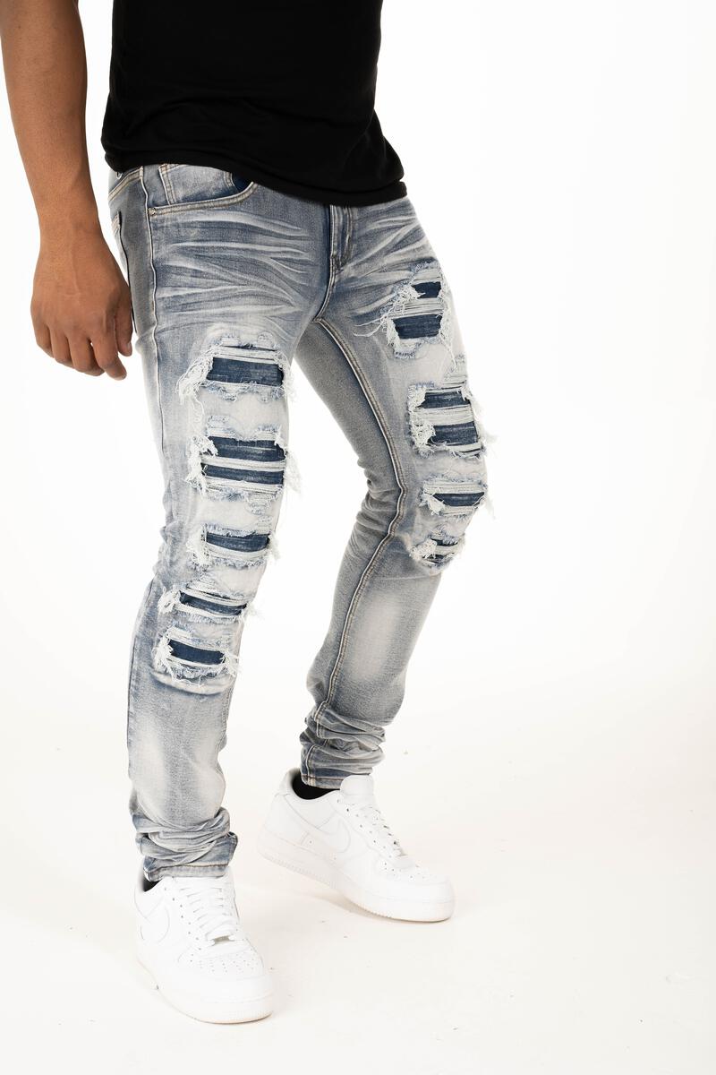 MEN PREMIUM DENIM, RIPPED W/ DENIM UNDER PATCH