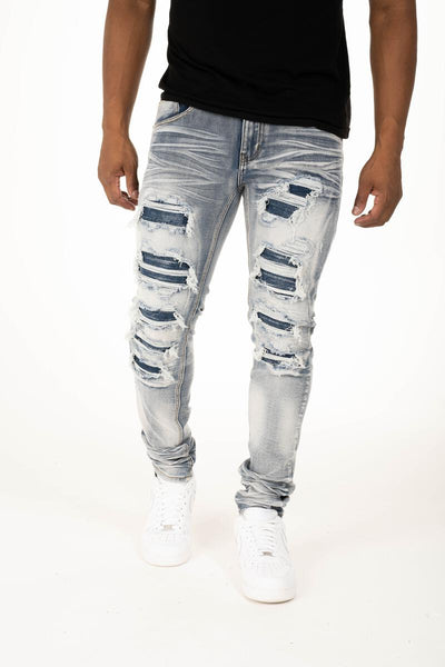 MEN PREMIUM DENIM, RIPPED W/ DENIM UNDER PATCH