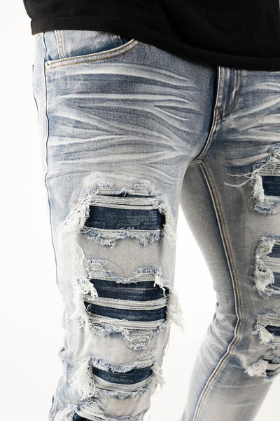 MEN PREMIUM DENIM, RIPPED W/ DENIM UNDER PATCH