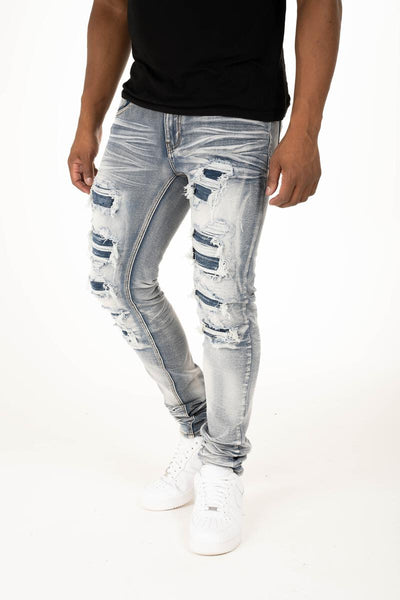 MEN PREMIUM DENIM, RIPPED W/ DENIM UNDER PATCH