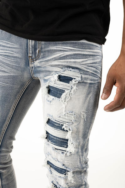 MEN PREMIUM DENIM, RIPPED W/ DENIM UNDER PATCH