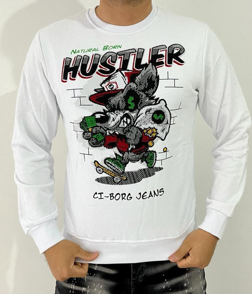 MEN WHITE HUSTLER WOLF RHINESTONE CREW