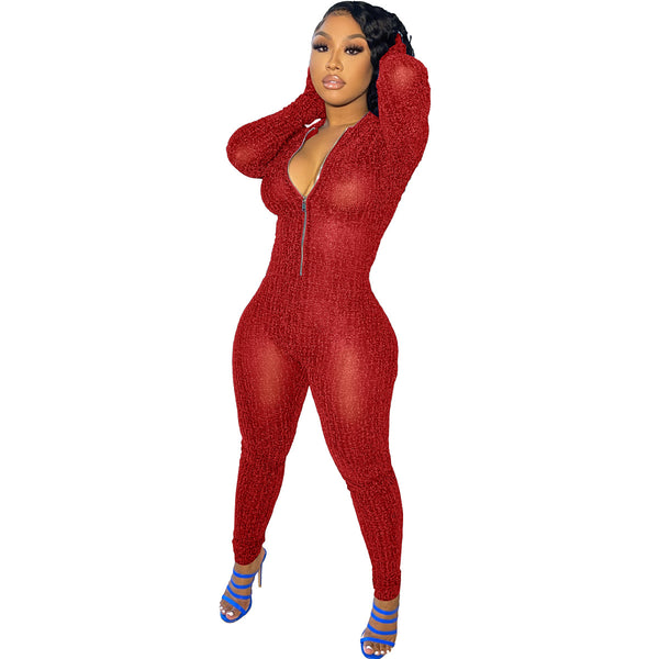 Red Solid mesh long sleeve Jumpsuit
