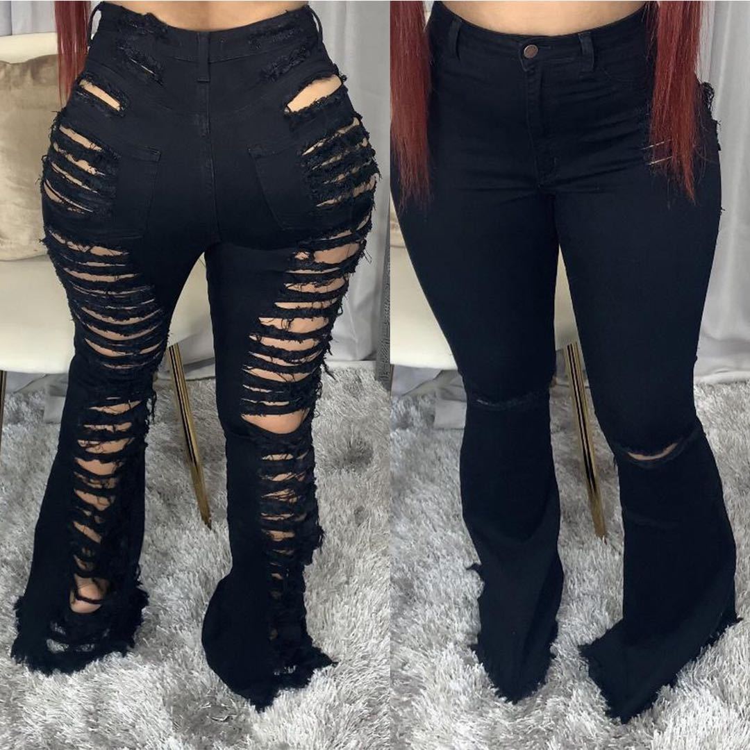 BlaCk Fashionable perforated stretch flared pants