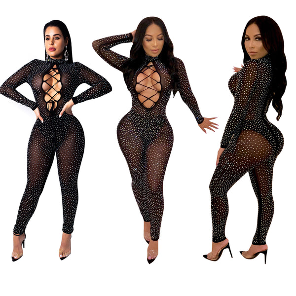 Black sexy Hot-drilled mesh-yarn Jumpsuits