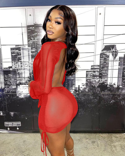 Red Long sleeve deep V mesh suit