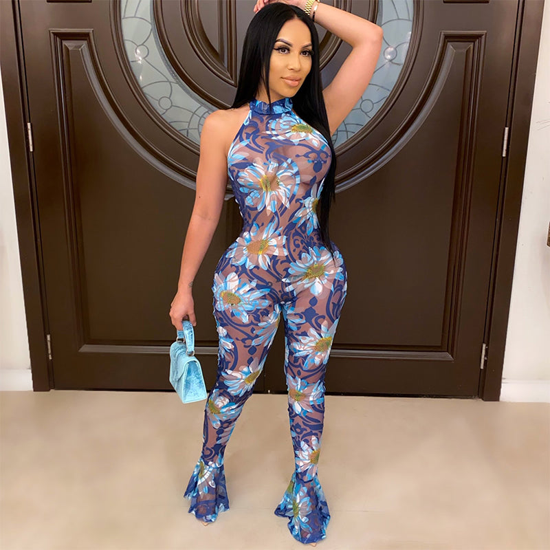 Blue Sexy perspective polyester mesh print open back Jumpsuit