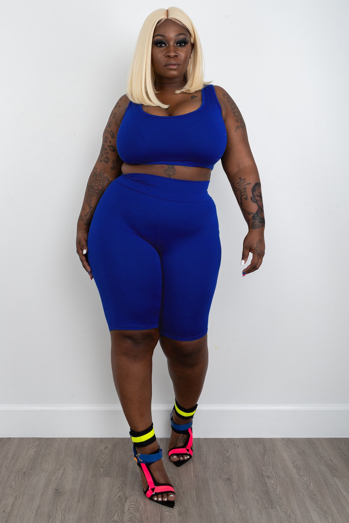 Royal blue Elastic vest shorts two-piece plus size short set