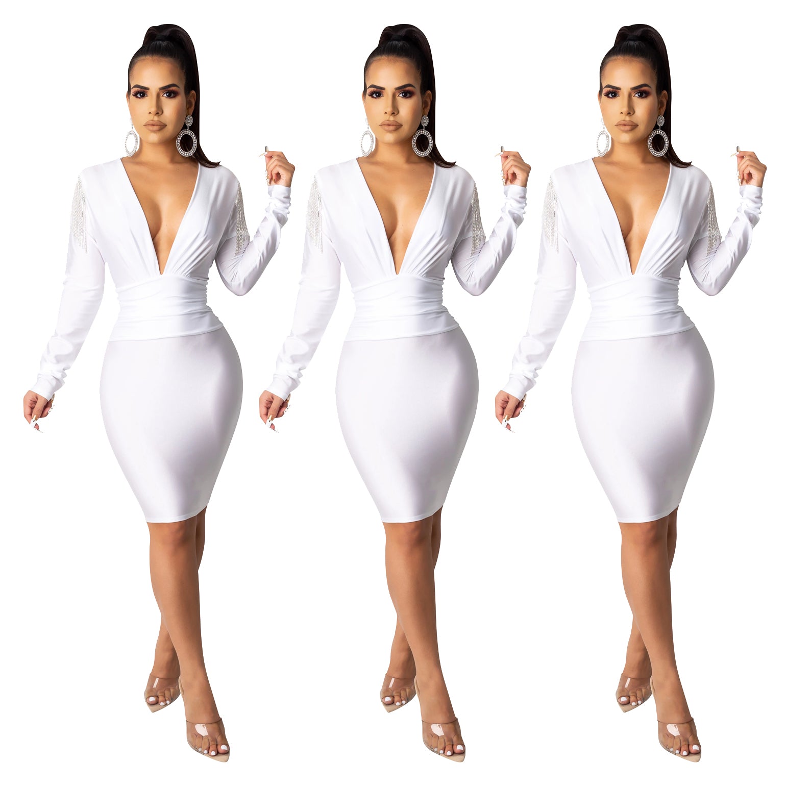 Fashion white solid color deep V-neck drill tassel Long Sleeve Dress