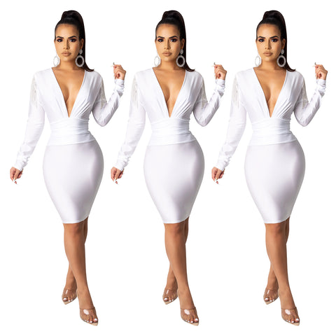 Fashion white solid color deep V-neck drill tassel Long Sleeve Dress