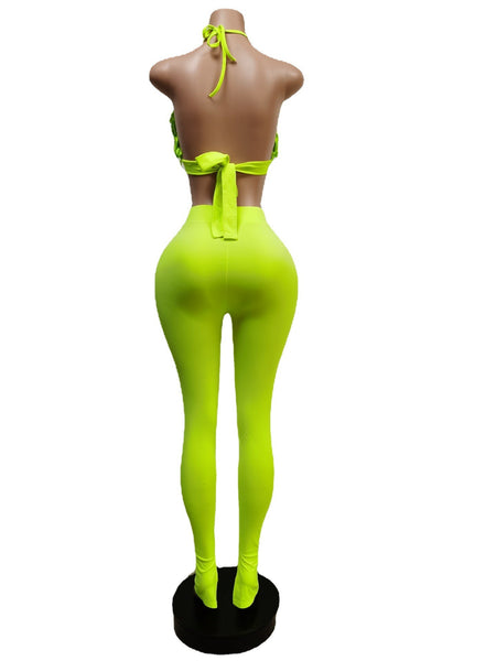 Fluorescent green Halter backless Pants Set