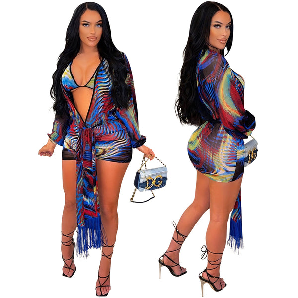 Multi color Sling + underwear + coat printed three piece set