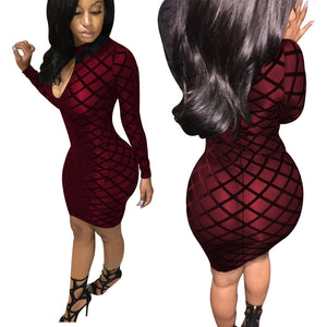 Red wine High collar flocking Plus size dress