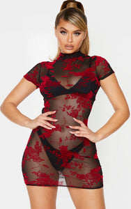 Red see through rose Sexy dress