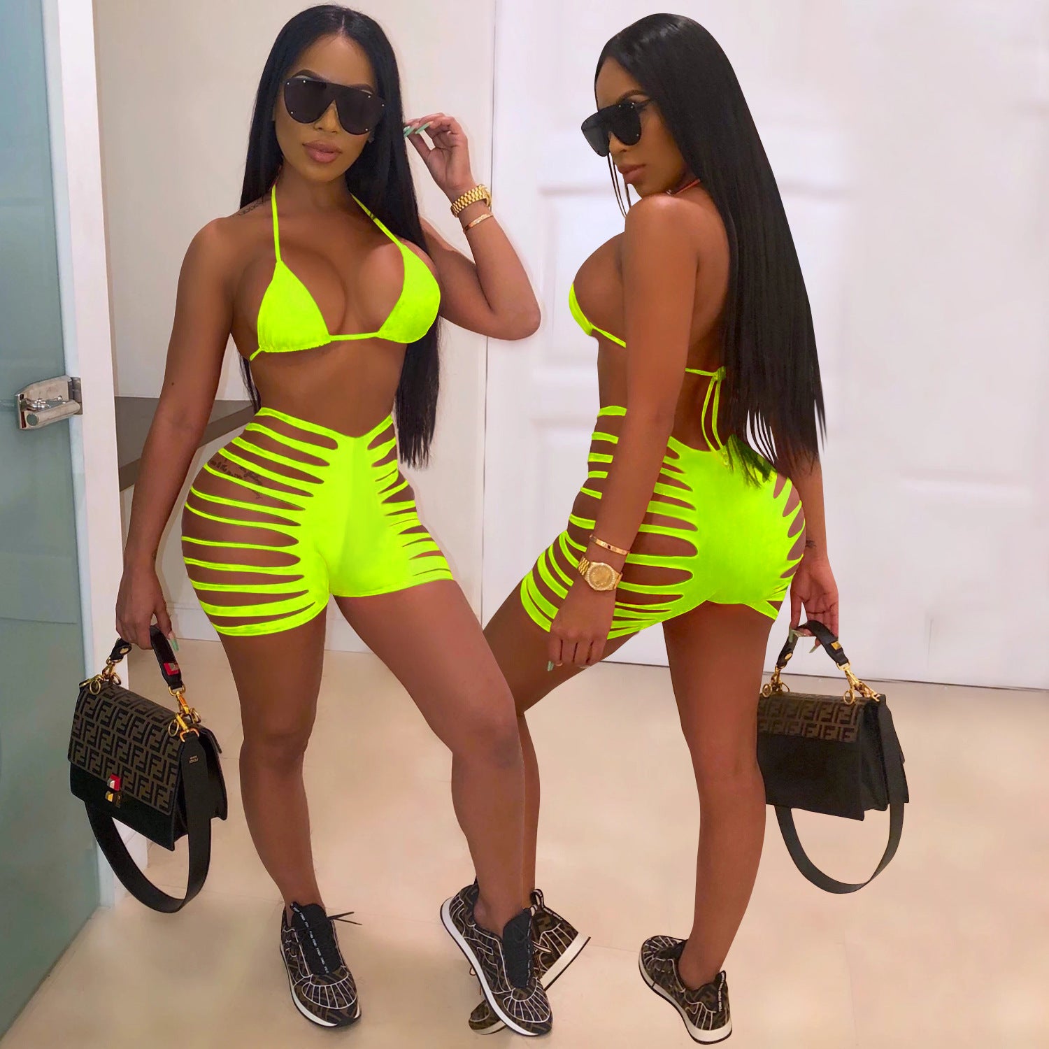 Neon green Sexy two piece swimsuit with suspenders