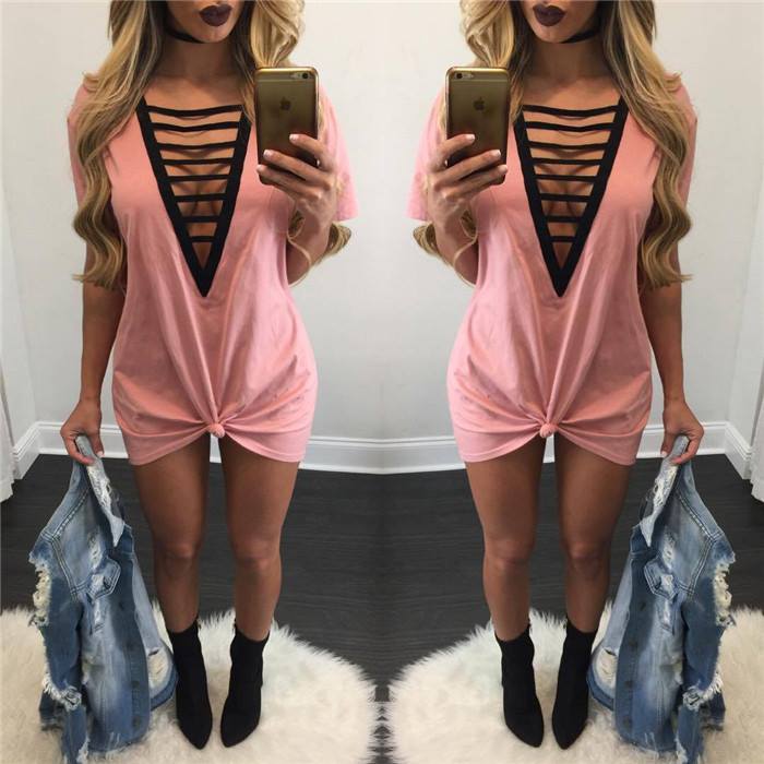 Peach open chest black string t-shirt dress