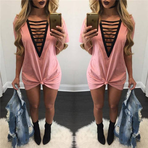 Peach open chest black string t-shirt dress