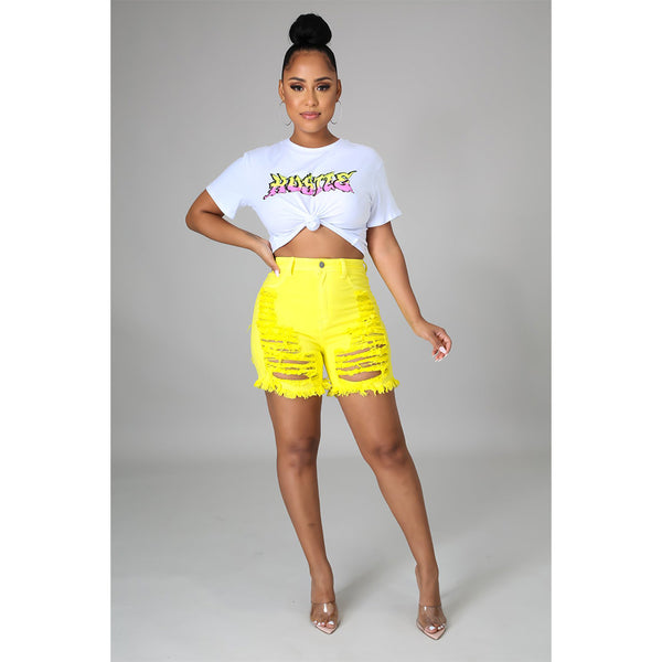 Yellow Sexy cut out stretch denim shorts