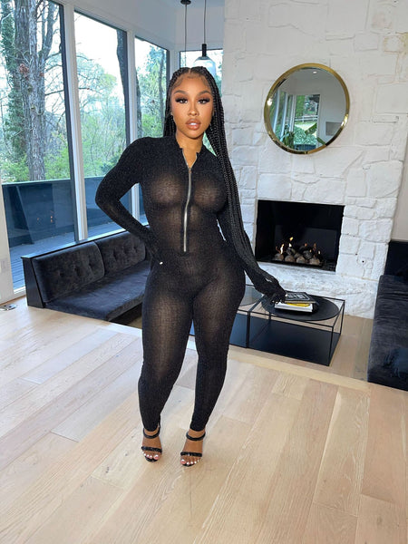 Black Solid mesh long sleeve Jumpsuit