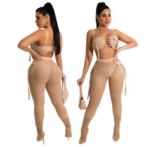 Apricot Suspender strap Strapless pencil pants two piece set