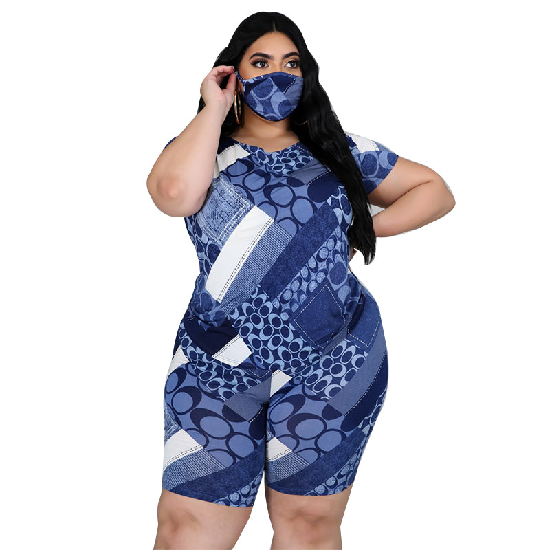 Royal Blue Plus size digital printed three piece set