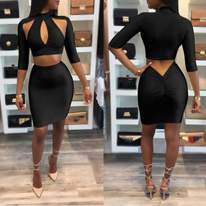 Sexy hollow out black two piece skirt set