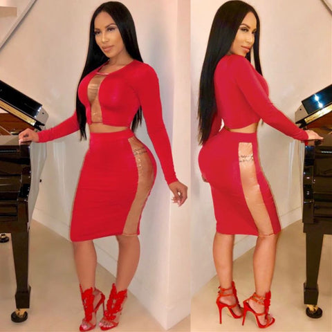 Sexy Bright Red Plastic see through sides out skirt set