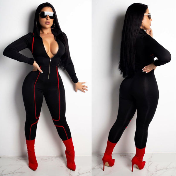 black & red sexy front zipper catsuit