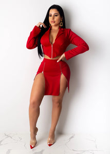 Casual solid red color zipper long sleeve two piece set