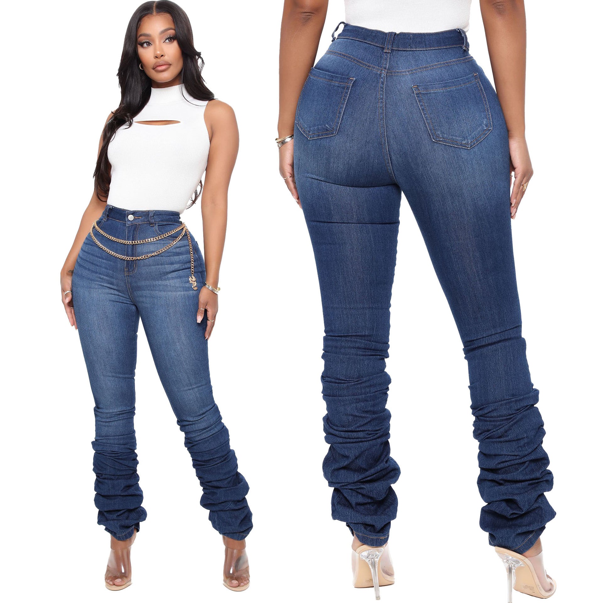 Fashionable pile up stretch denim pants