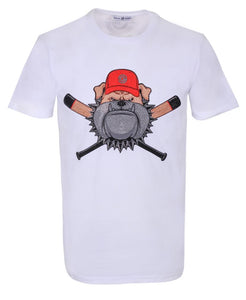Men White Big Face Big Dog 2 bats Glitter T-shirt