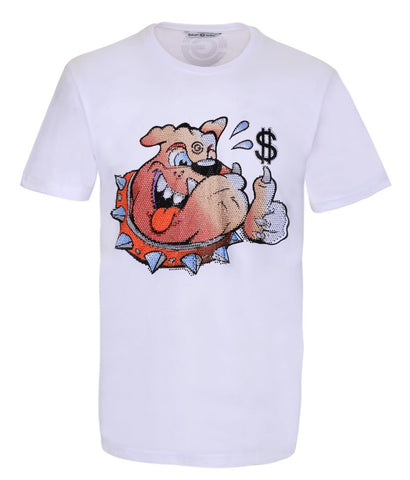 Men White Big Face Money Dog Glittery T-shirt