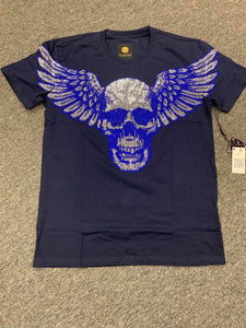 Men Navy Blue Skull wing stones Tshirt