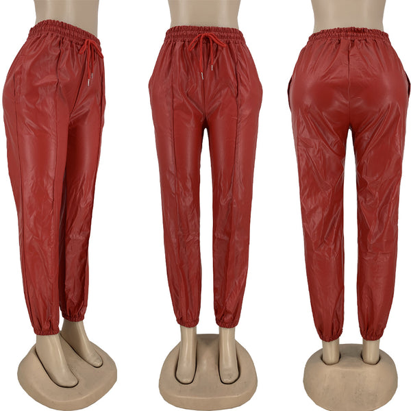 Red PU leather casual Leggings