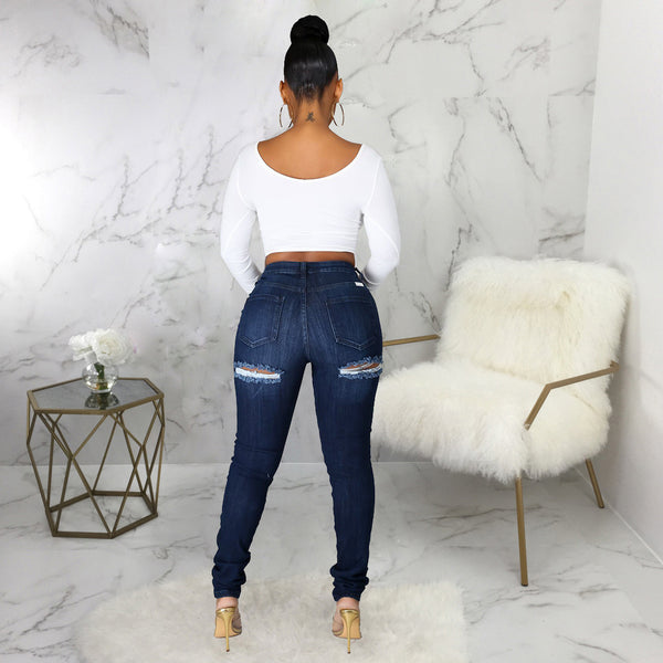 Dark Blue Fashion slim high waist holed jeans Leggings