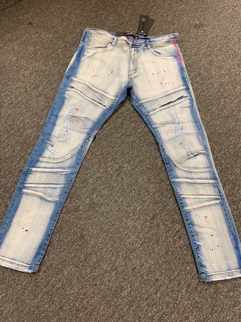 Mens Light Blue Pink Splash Denim jeans