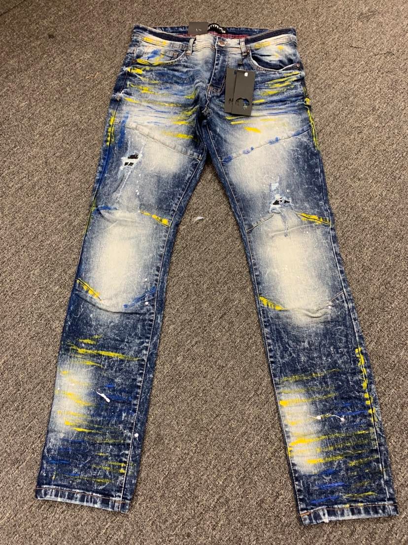 Mens Blue with Yellow Paint Splash Jeans