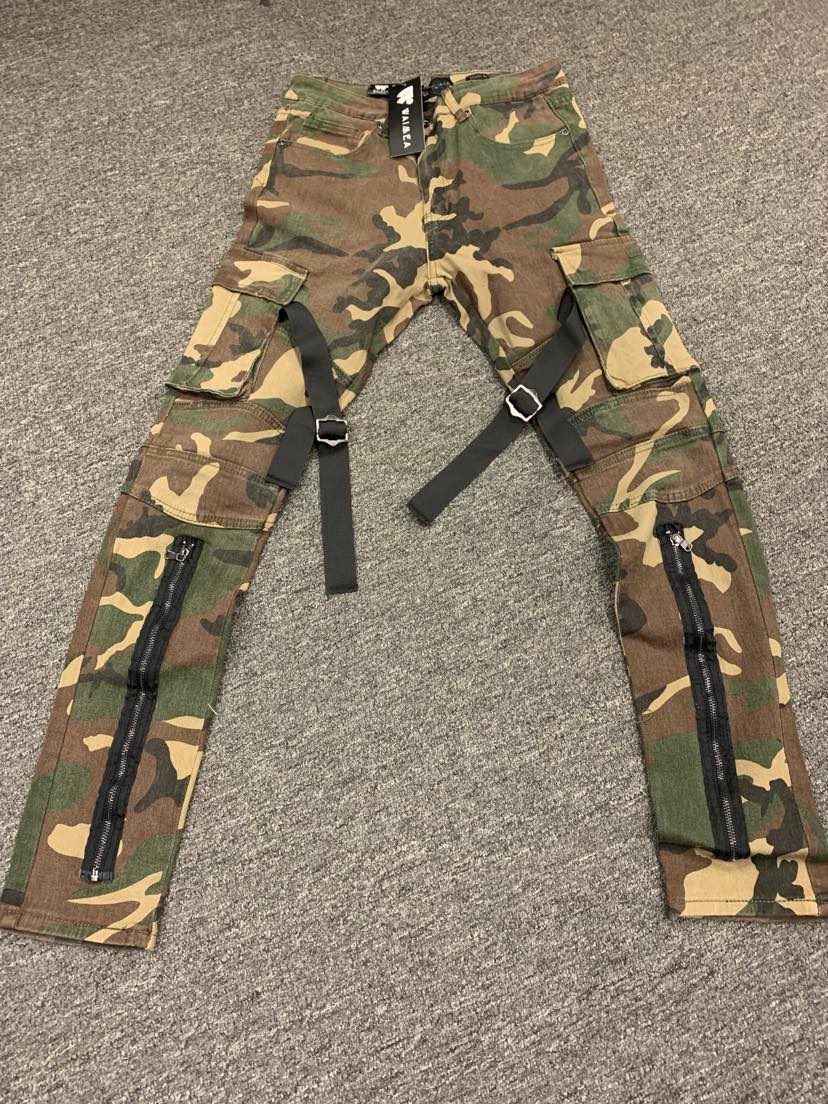 Men Green Army Fatigue Jeans with straps