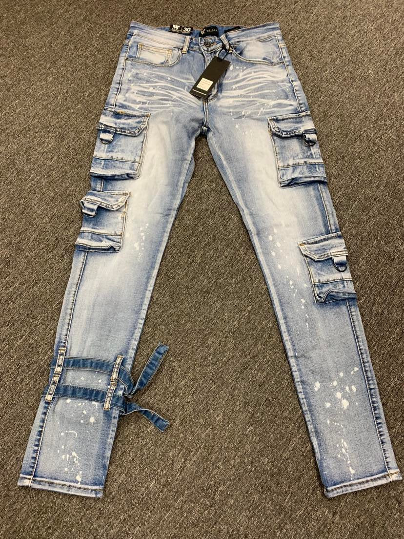 Men Blue Double strap Cargo Denim Jeans