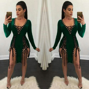 Sexy green double split lace up dress