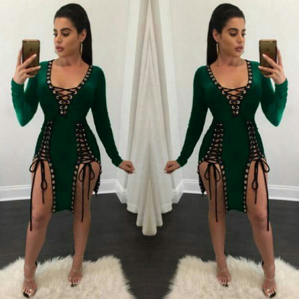 Sexy green double split lace up dress