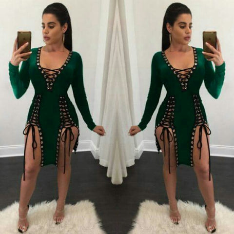 Sexy green double split lace up dress