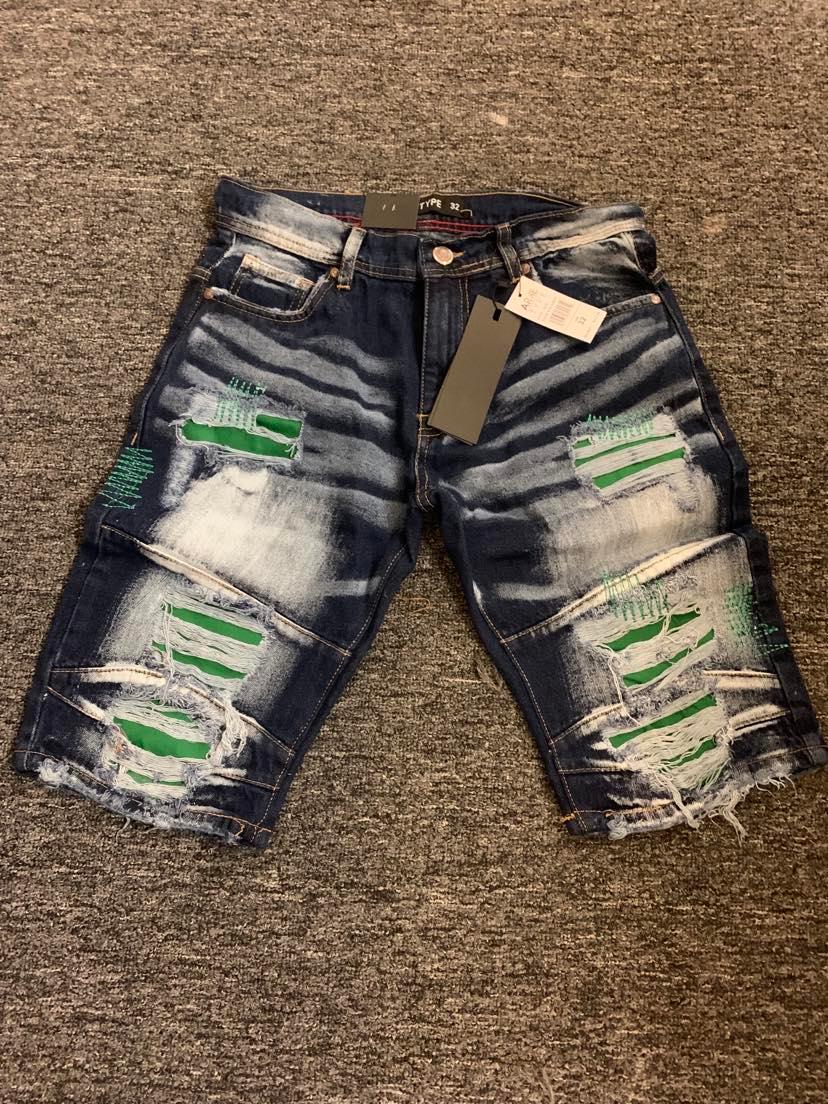 MEN BLUE/GREEN DAMAGED DEMIN JEANS SHORTS