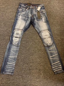 MEN BLUE SQUARE KNEE DAMAGED DEMIN JEANS PANTS