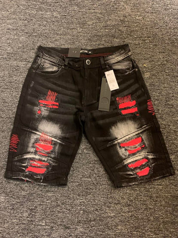 MEN LITE BLACK/RED DAMAGED DEMIN JEANS SHORTS