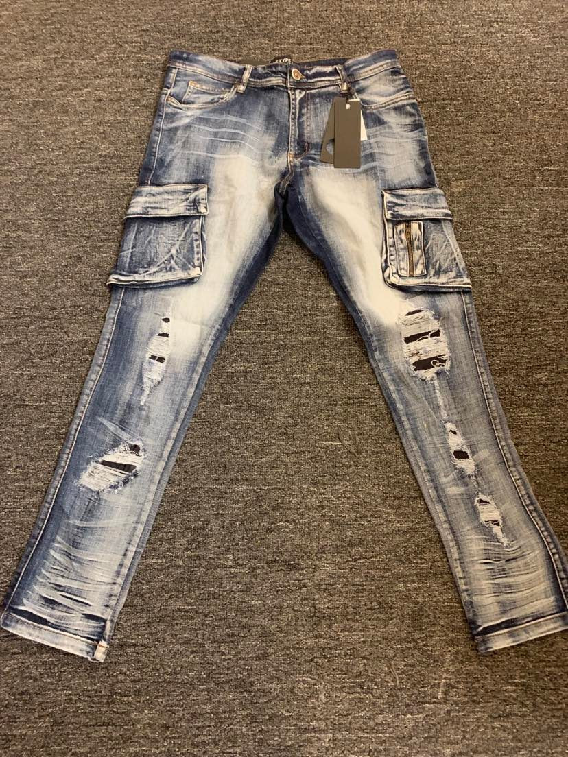 MEN BLUE CARGO DAMAGED DEMIN JEANS