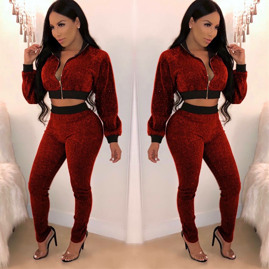 Sexy Red wine two piece jacket pant set