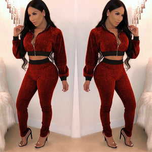 Sexy Red wine two piece jacket pant set